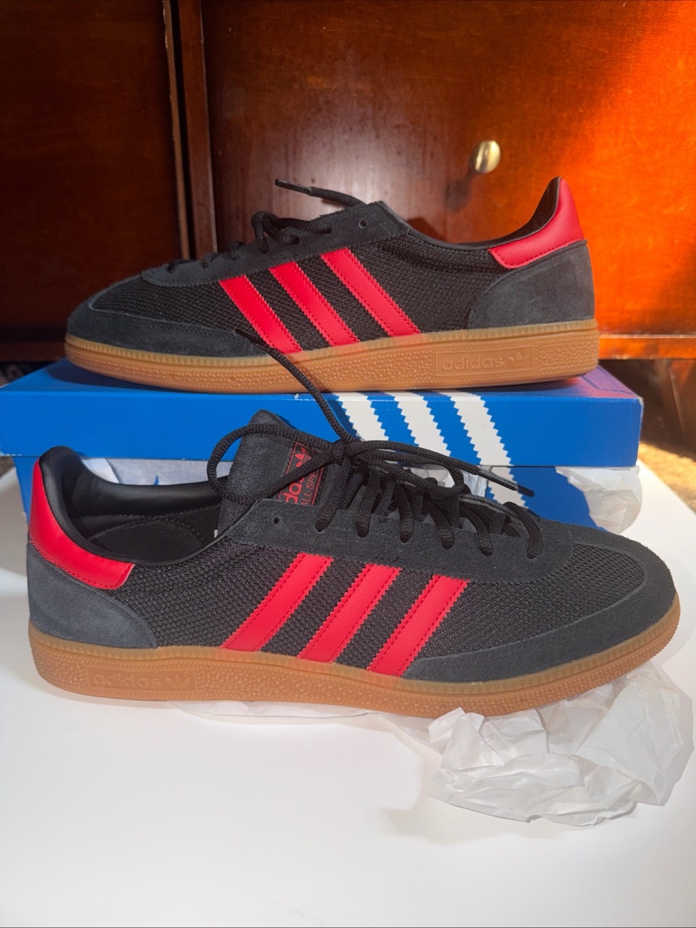 adidas Black Sneakers with Red Stripes and Gum Sole Mens size 12